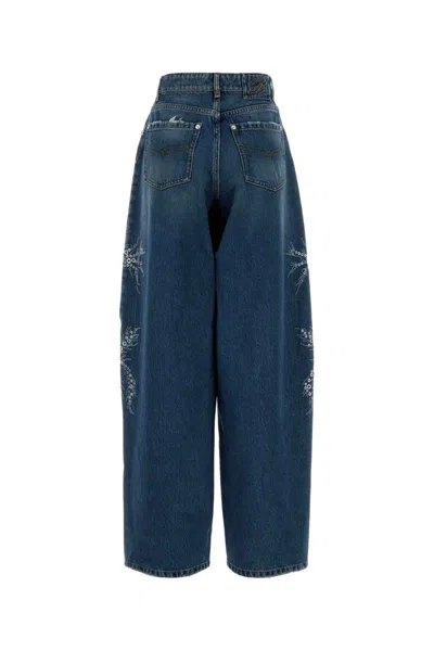 Blumarine Washed Jeans With Palm Trees In Blue