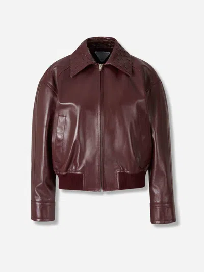 Bottega Veneta Women Bordeaux Crop Jacket With Intreccio Motif Collar And Dropped Shoulders In Leath In Brown