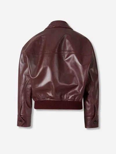 Bottega Veneta Women Bordeaux Crop Jacket With Intreccio Motif Collar And Dropped Shoulders In Leath In Brown