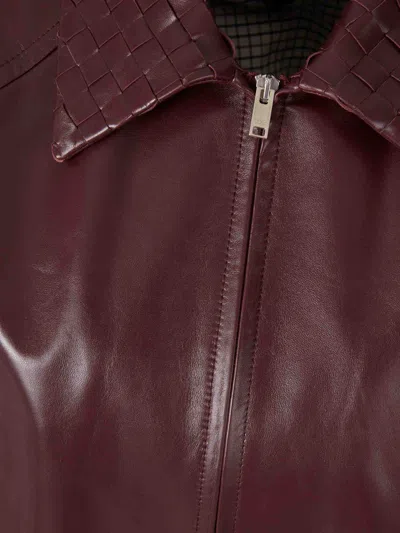 Bottega Veneta Women Bordeaux Crop Jacket With Intreccio Motif Collar And Dropped Shoulders In Leath In Brown