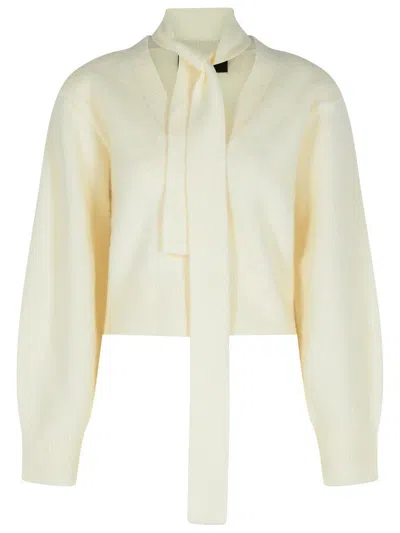 Rotate Birger Christensen Cardigan Con Sciarpa Lavorata A Maglia Bianco In Sand