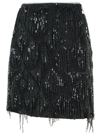 Rotate Birger Christensen Mini Skirt With Fringe And Sequins In Black