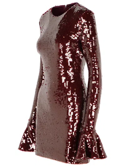 Rotate Birger Christensen Bordeaux Sequin Crewneck Mini Dress With Flared Sleeves In Tech Fabric Stretch Woman In Red