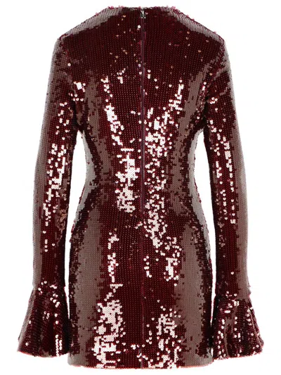 Rotate Birger Christensen Bordeaux Sequin Crewneck Mini Dress With Flared Sleeves In Tech Fabric Stretch Woman In Red