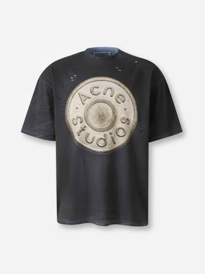 Acne Studios Exford U Distressed Coated Button Logo Graphic T-shirt In Black