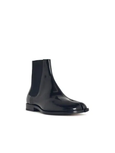 Maison Margiela Black Leather Tabi Ankle Boots In Animal Print