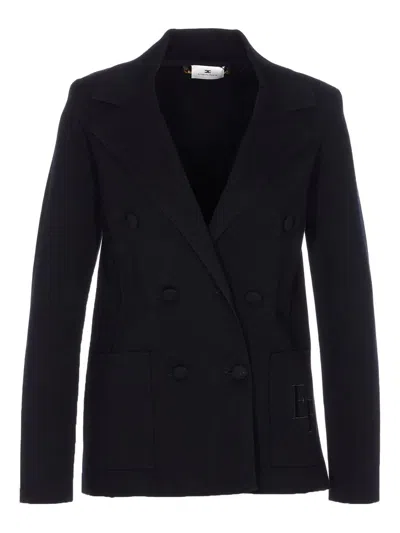 Elisabetta Franchi Double-breasted Knit Jacket With Embroidery Clothing In Blue