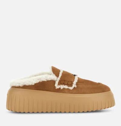 Hogan Shearling-trimmed Suede Slippers In Brown