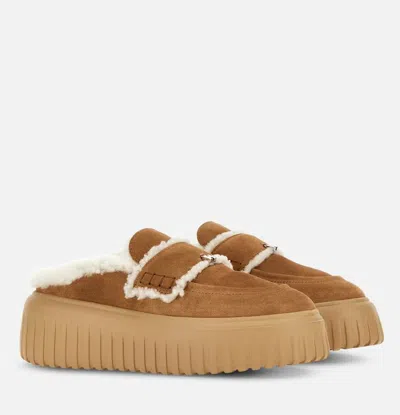 Hogan Shearling-trimmed Suede Slippers In Brown
