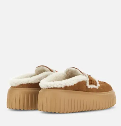 Hogan Shearling-trimmed Suede Slippers In Brown