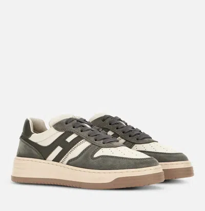 Hogan Grey White Leather Basket Cam Sneakers In Gray