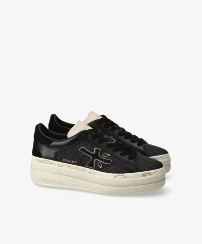 Premiata Platform Sneakers With Glitter And Contrast Tab In Black