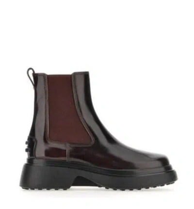 Tod's Burgundy Brown Ankle Boots With Elastic Sides In Burgundy