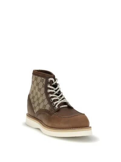 Gucci Laced Ankle Boot With Gg Insert Men In Brown