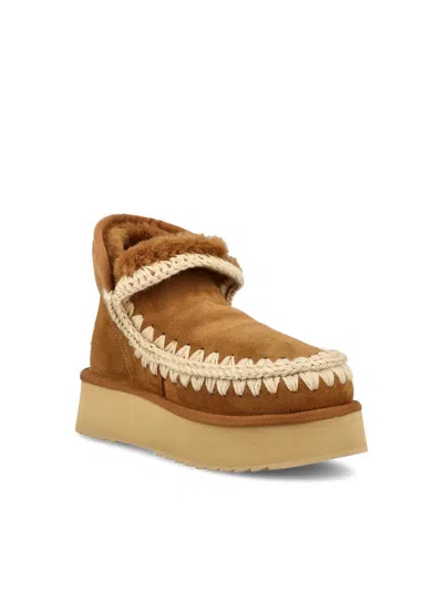Mou Mini Eskimo Beige Ankle Boots With Logo Patch On The Rear In Leather And Suede Woman In Brown