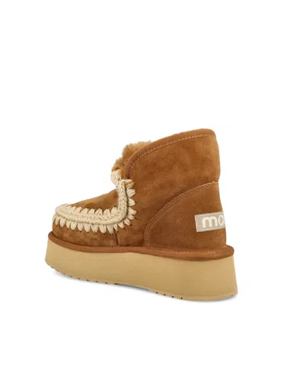 Mou Mini Eskimo Beige Ankle Boots With Logo Patch On The Rear In Leather And Suede Woman In Brown
