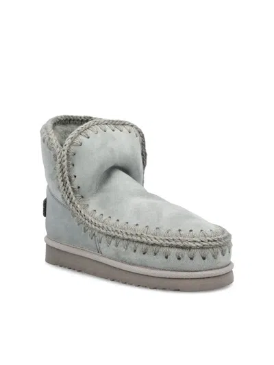 Mou Ankle-length Grey Sheepskin Boots With Glitter Logo In Blue