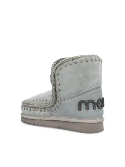 Mou Ankle-length Grey Sheepskin Boots With Glitter Logo In Blue