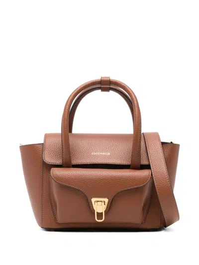 Coccinelle Structured Calfskin Shopper Bag With Gold-tone Accents In Brown