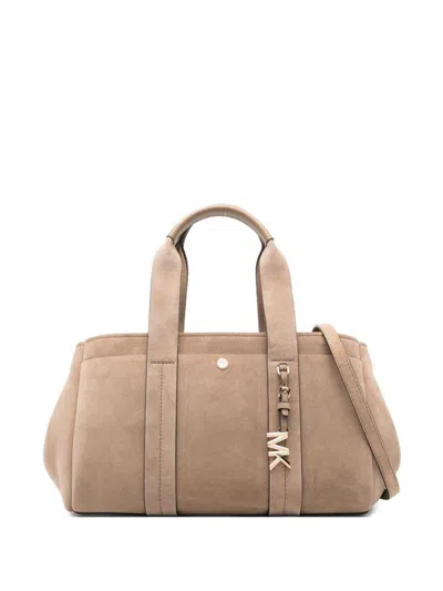 Michael Kors Romee Small Suede Satchel With Glossy Mk Logo In Brown