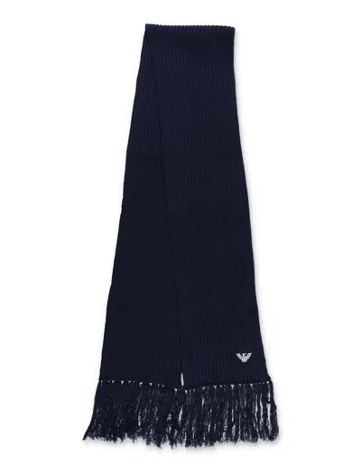 Emporio Armani Sv Knitted Scarf With Eagle Embroidery In Blue