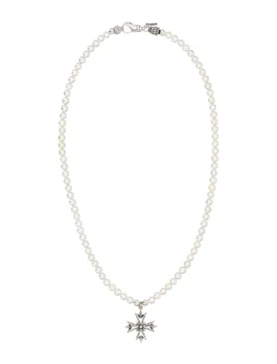 Emanuele Bicocchi Pearl Necklace With Silver Cross Pendant In Metallic