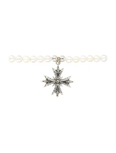 Emanuele Bicocchi Pearl Necklace With Silver Cross Pendant In Metallic