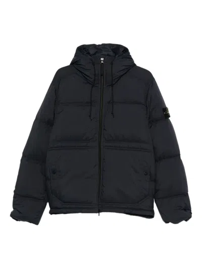 Stone Island Blue Down Jacket With Drawstring Hood And Logo Patch On The Sleeve In Tech Fabric Man In Blue