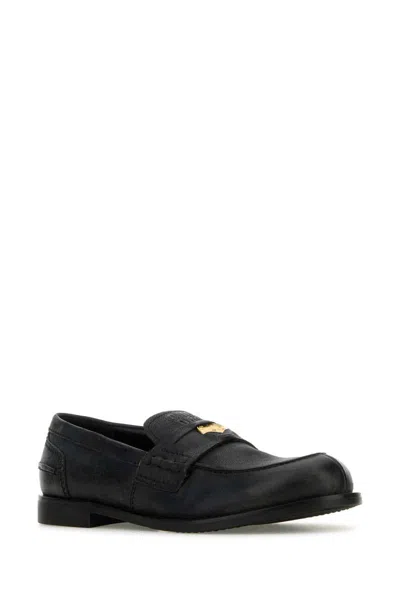 Miu Miu Round Toe Leather Loafers With Rubber Sole In Black