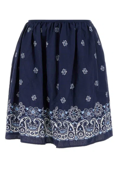 Miu Miu Floral Bordered Gathered Skirt In Blue
