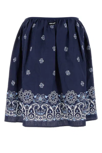 Miu Miu Floral Bordered Gathered Skirt In Blue