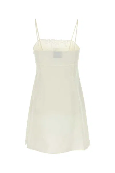 Miu Miu Short Dress In Flamed Canvas With Embroidery In Neutral