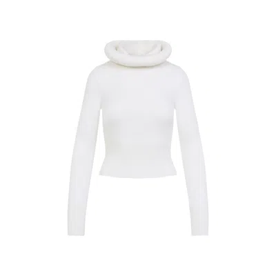 Alaïa Hooded Cropped Ribbed Wool-blend Sweater In White