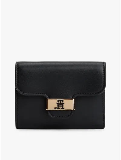 Tommy Hilfiger Monogram Clasp Smooth Trifold Wallet In Black