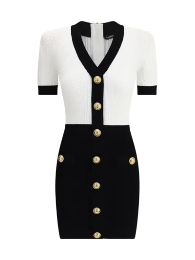 Balmain Fitted Black Dress With Ribbed Texture And Gold Accents In Multi