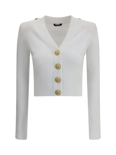 Balmain V-neck Cable Knit Cardigan With Gold-tone Buttons In White
