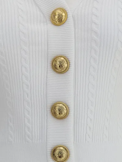 Balmain V-neck Cable Knit Cardigan With Gold-tone Buttons In White