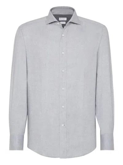Brunello Cucinelli Cotton-blend Chevron Flannel Shirt In Gray