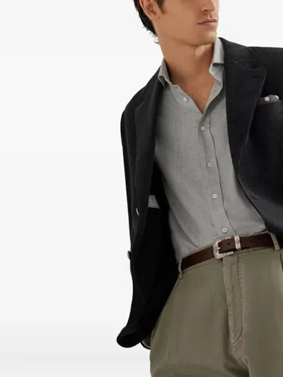 Brunello Cucinelli Cotton-blend Chevron Flannel Shirt In Gray