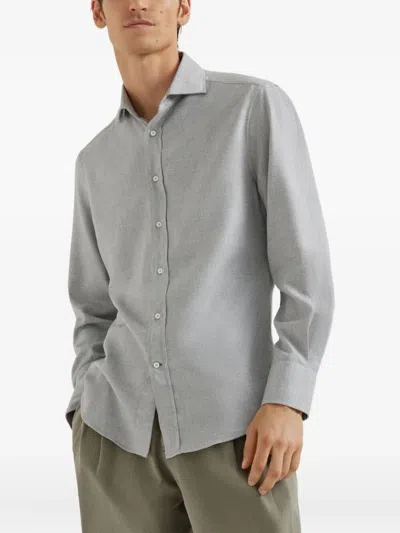 Brunello Cucinelli Cotton-blend Chevron Flannel Shirt In Gray