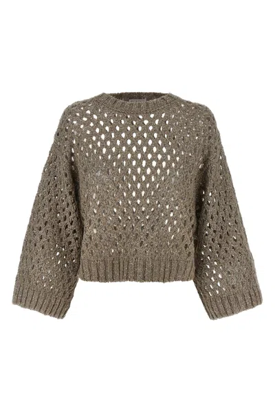 Brunello Cucinelli Grey Rustic Dazzling Net Cropped Sweater In Gray