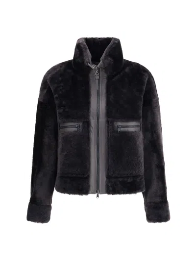 Brunello Cucinelli Grey Shearling Jacket With Two Front Welt Pockets With Zip In Black