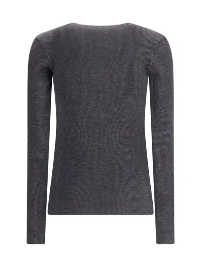 Brunello Cucinelli Women Long Sleeve Wool Ribbed Jersey T-shirt With Shiny Trim In Gray