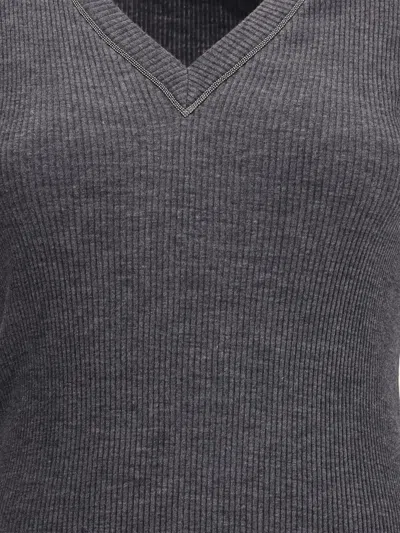Brunello Cucinelli Women Long Sleeve Wool Ribbed Jersey T-shirt With Shiny Trim In Gray