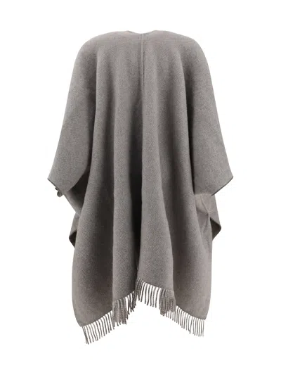 Brunello Cucinelli Reversible Cashmere Poncho Fringe Detail In Brown