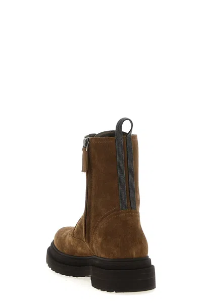 Brunello Cucinelli Suede Combat Boots Monile In Brown