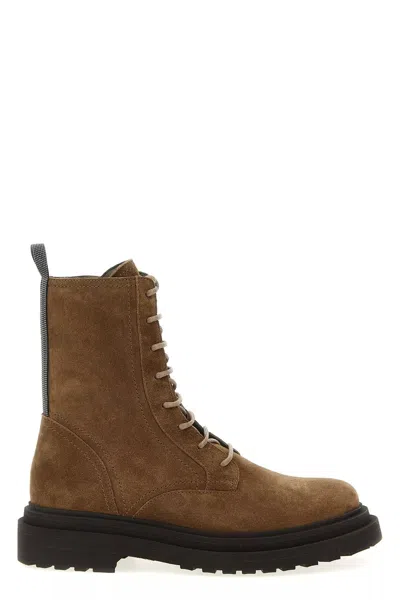 Brunello Cucinelli Suede Combat Boots Monile In Brown