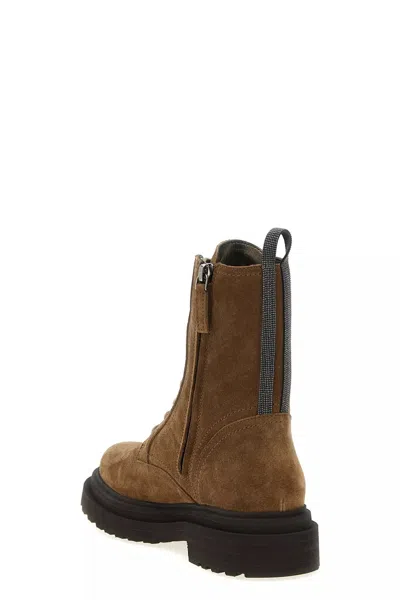Brunello Cucinelli Suede Combat Boots Monile In Brown