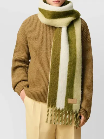 Ami Alexandre Mattiussi Rectangular Scarf With Fringed Edges And Stripes In Green