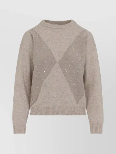 Peserico Cashmere Lurex-embellished Sweater With Diamond Pattern In Gray